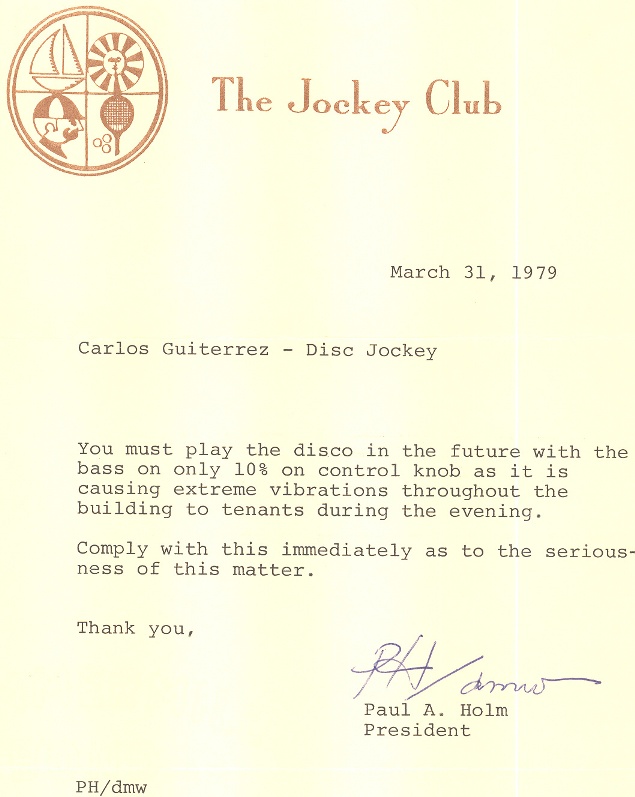 Jockey Club Dj Bass Complaint letter to Dj Mr. Carlos